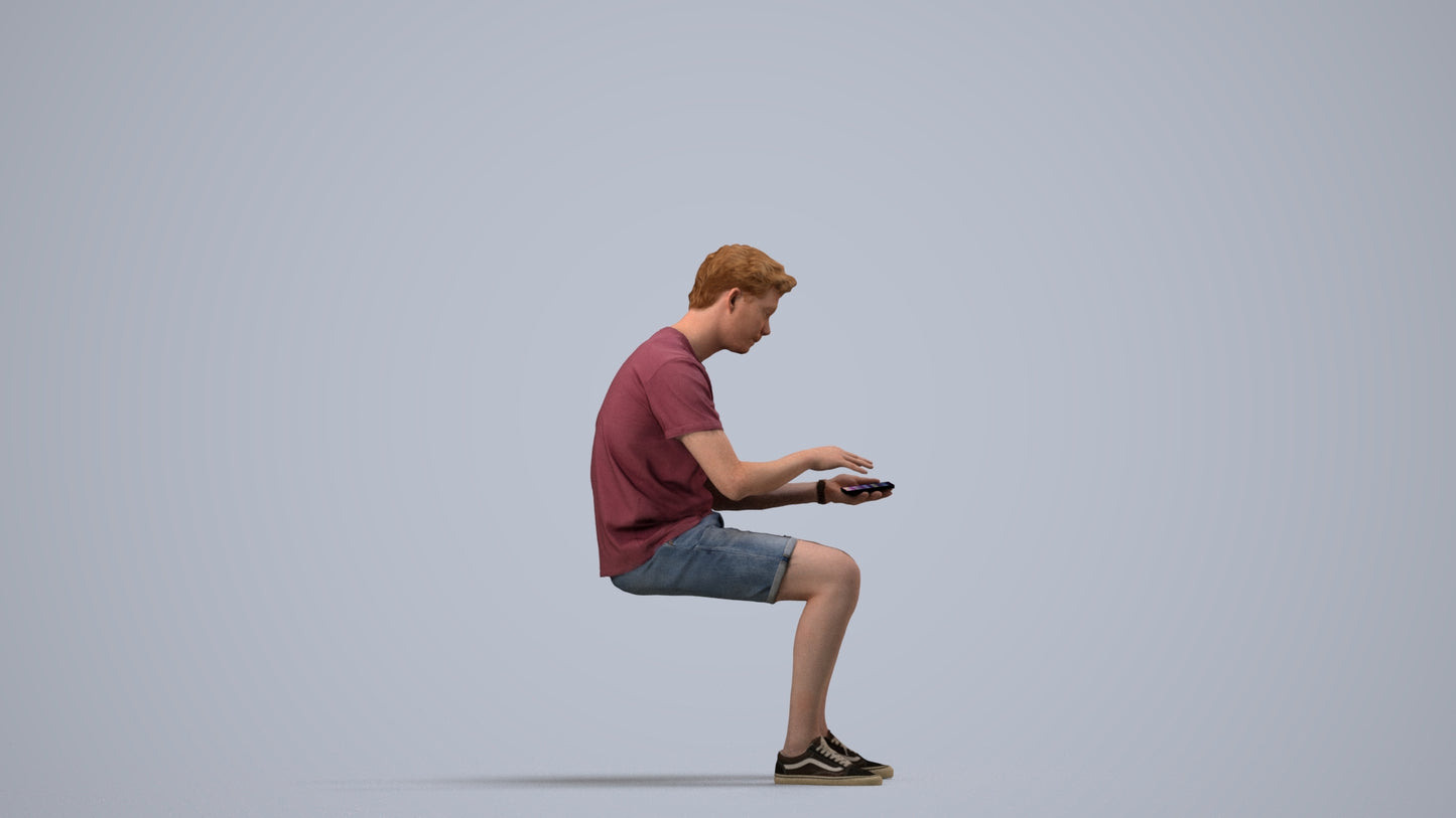 3D human model man casual sitting, photogrammetry scanned person for archviz, side view render