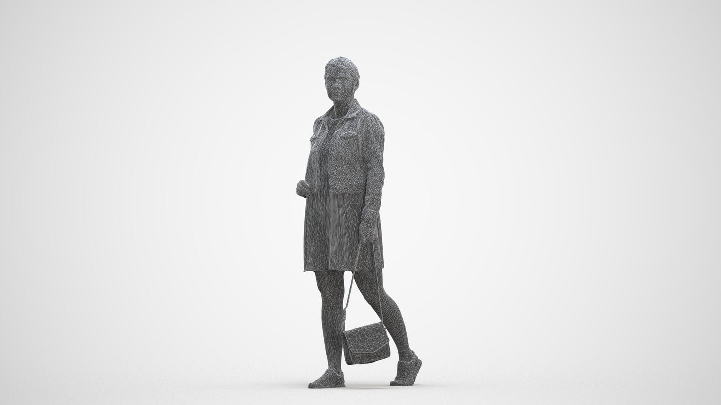 3D human model woman casual walking, photogrammetry scanned person for archviz, three-quarter front view render