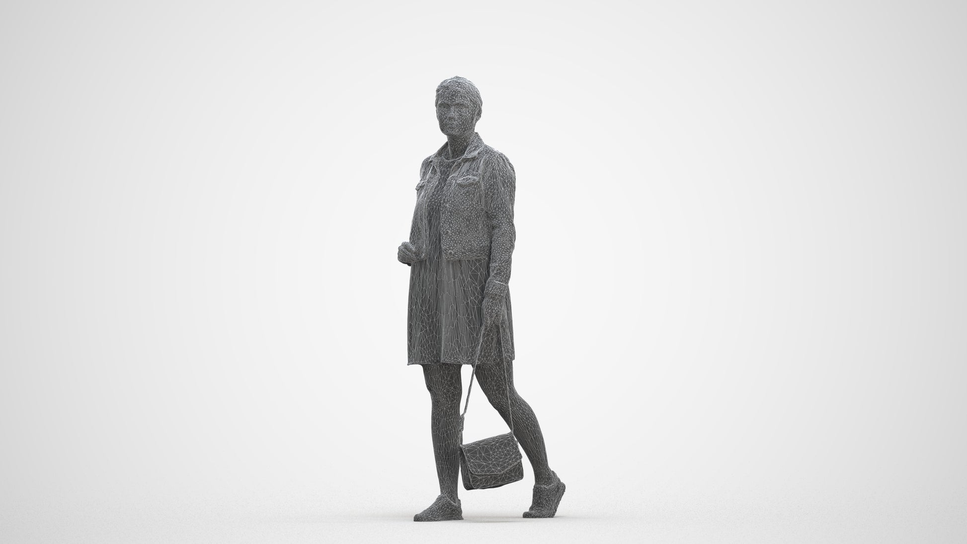 3D human model woman casual walking, photogrammetry scanned person for archviz, three-quarter front view render