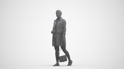 3D human model woman casual walking, photogrammetry scanned person for archviz, three-quarter front view render