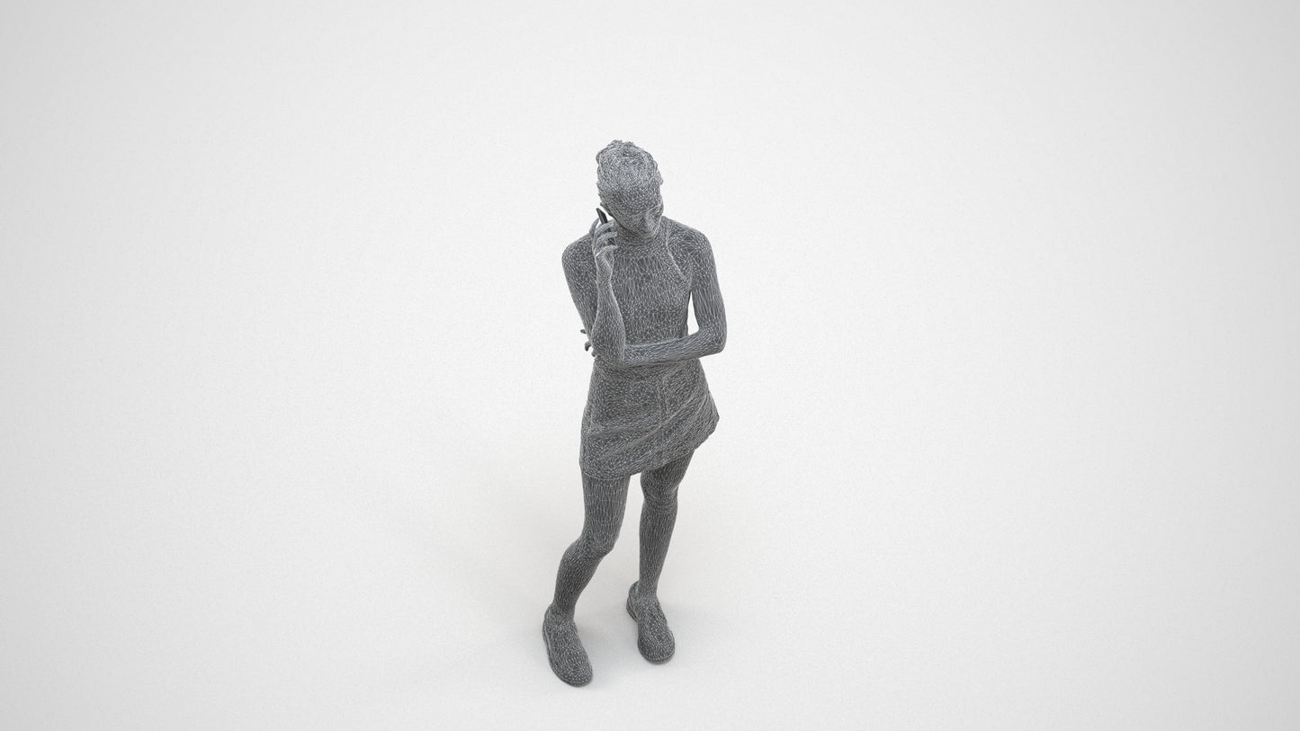 3D human model woman casual standing, photogrammetry scanned person for archviz, wireframe three-quarter view