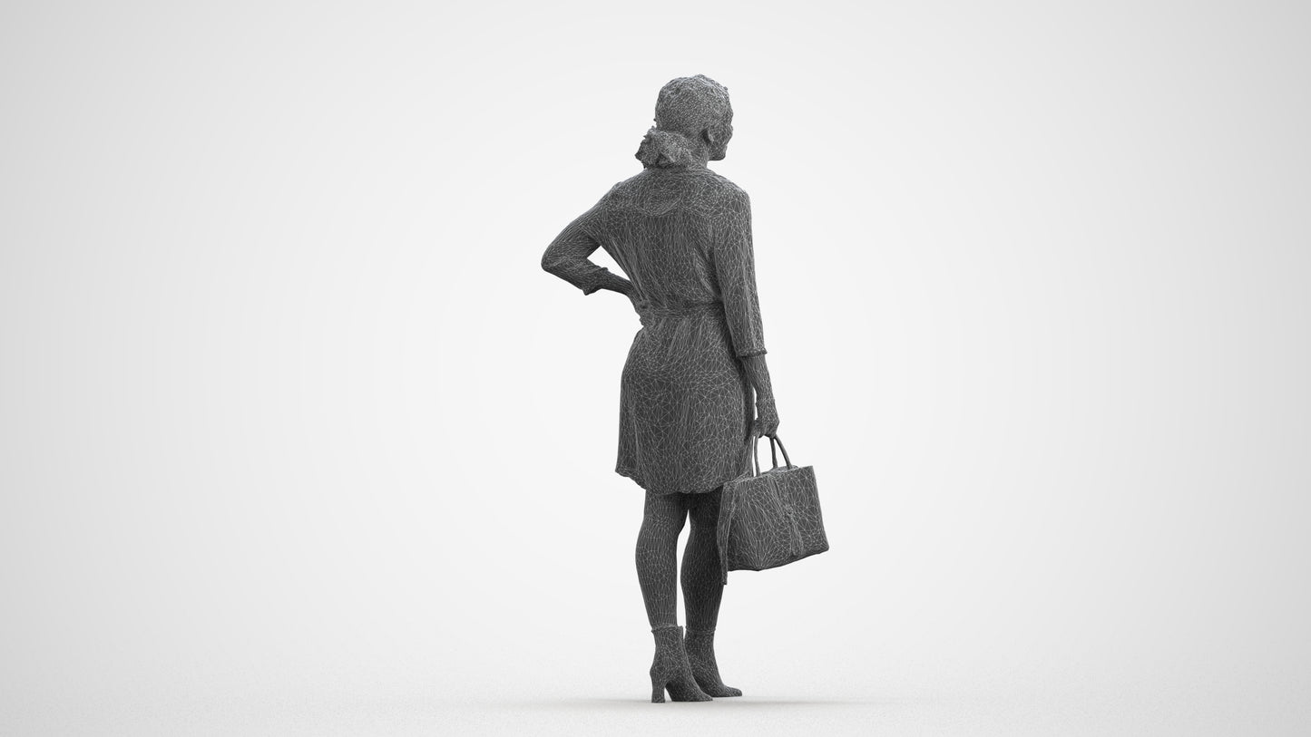 3D human model woman casual standing, photogrammetry scanned person for archviz, wireframe front view