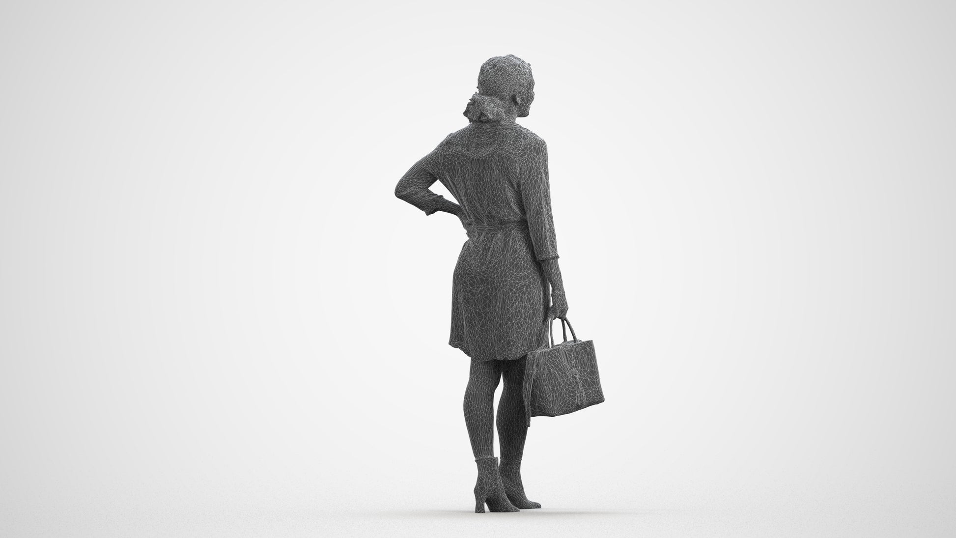 3D human model woman casual standing, photogrammetry scanned person for archviz, wireframe front view