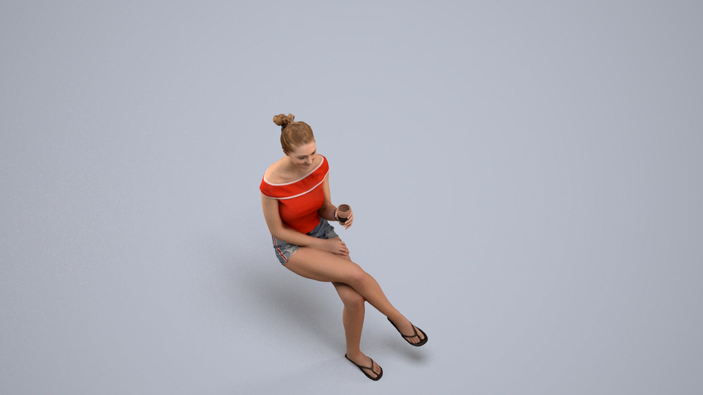 realistic 3D human girl casual sitting, archviz people FBX OBJ for Blender, back view render