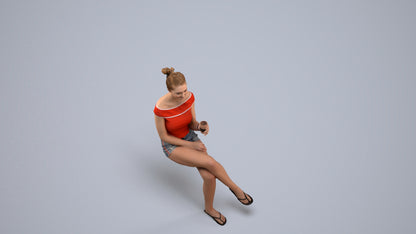 realistic 3D human girl casual sitting, archviz people FBX OBJ for Blender, back view render