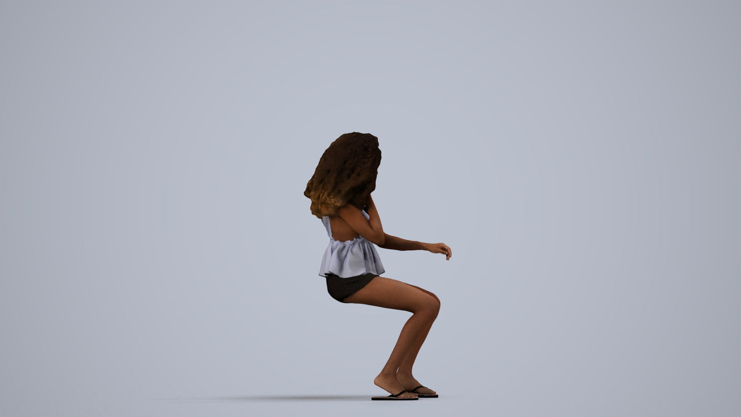 scanned 3D woman casual sitting, photogrammetry people for Enscape and V-Ray, side view render