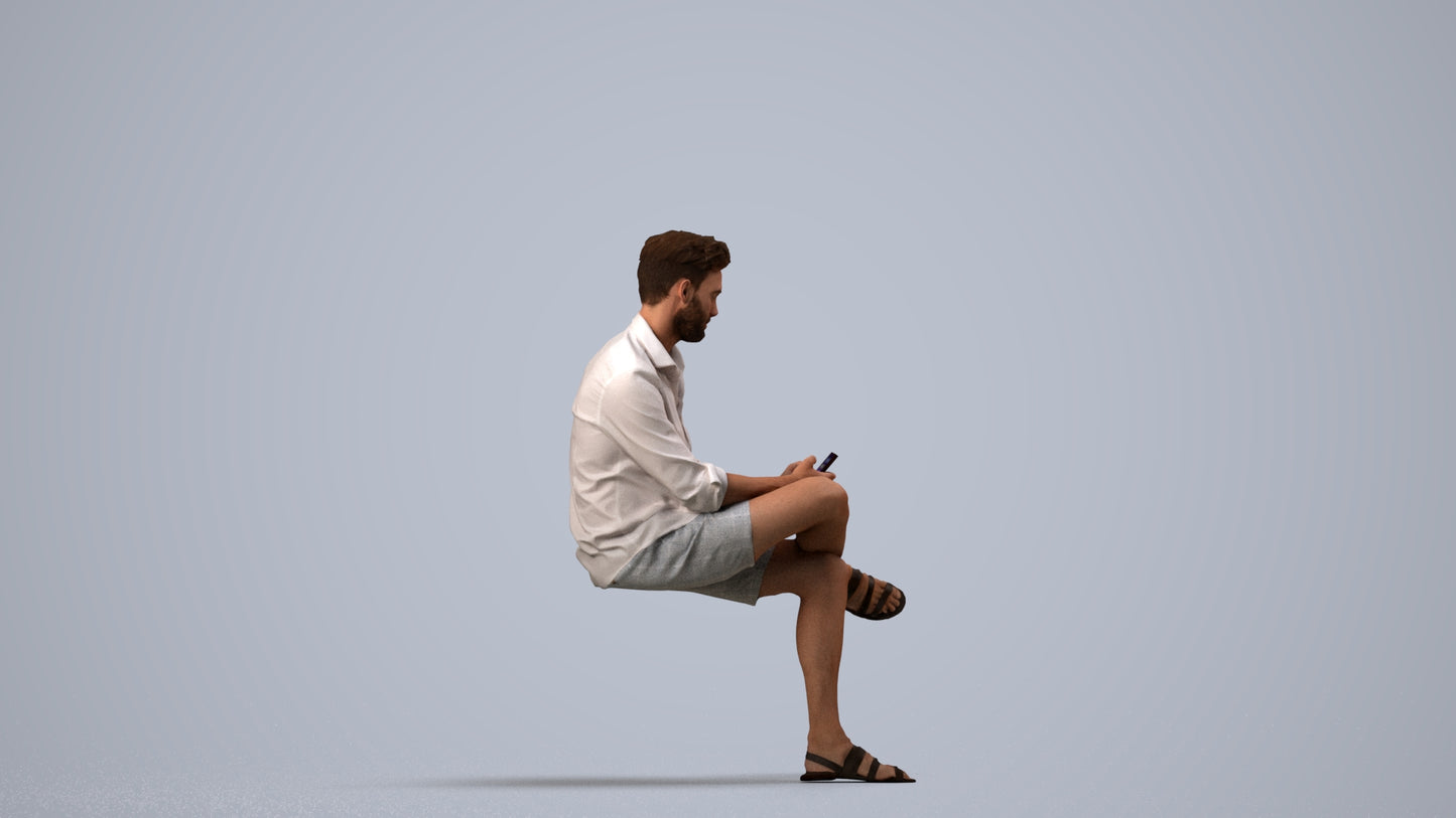 realistic 3D man casual sitting, scanned archviz people for Blender and 3ds Max, side view render