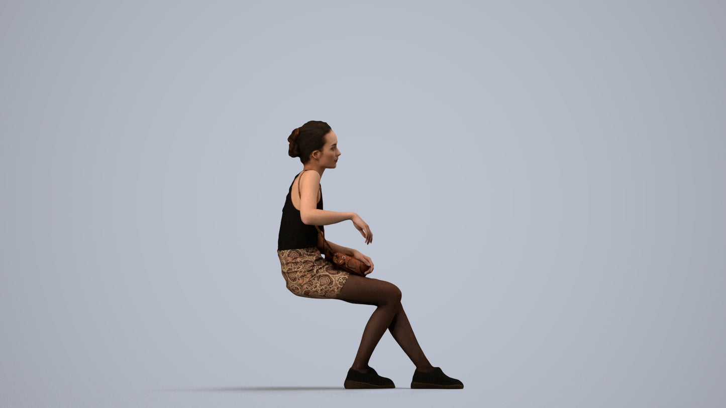 photogrammetry 3D woman casual sitting, realistic human model archviz FBX, side view render