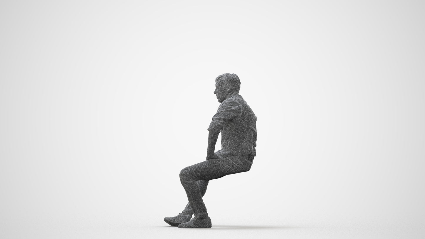 scanned 3D man casual sitting, photogrammetry people for Enscape and V-Ray, square thumbnail