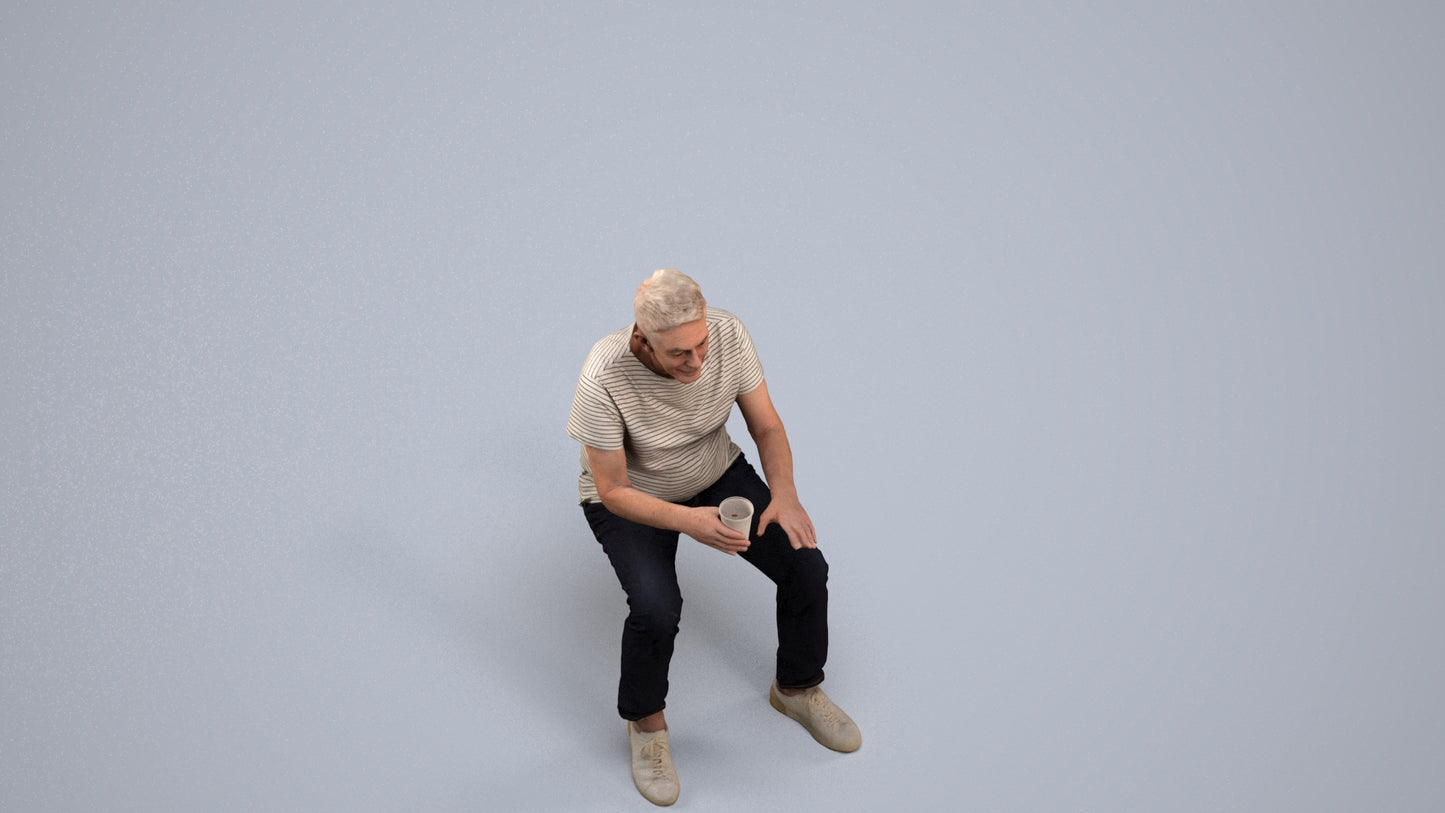 realistic 3D human senior man casual sitting, archviz people FBX OBJ for Blender, back view render