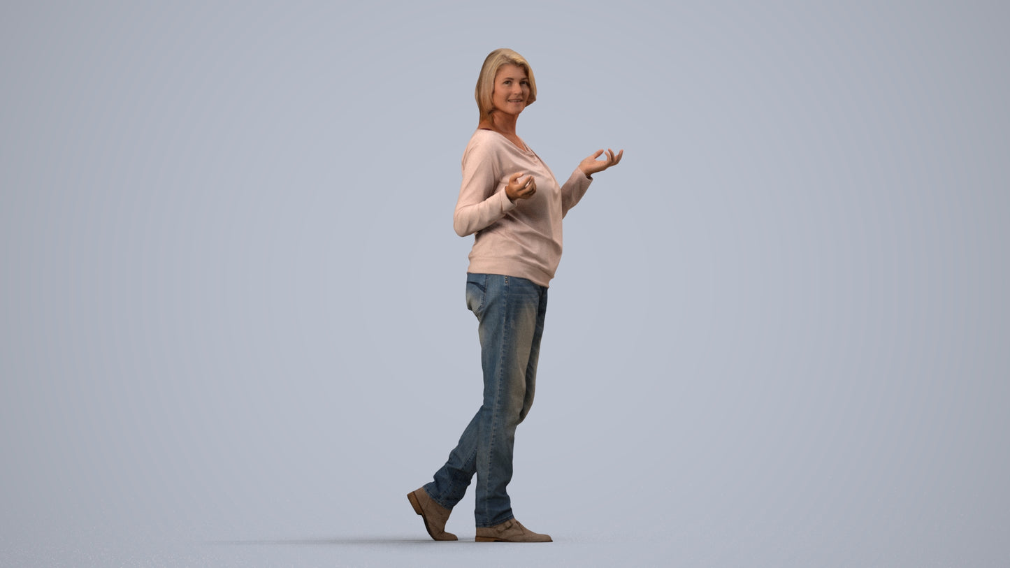realistic 3D human woman casual walking, archviz people FBX OBJ for Blender, side view render