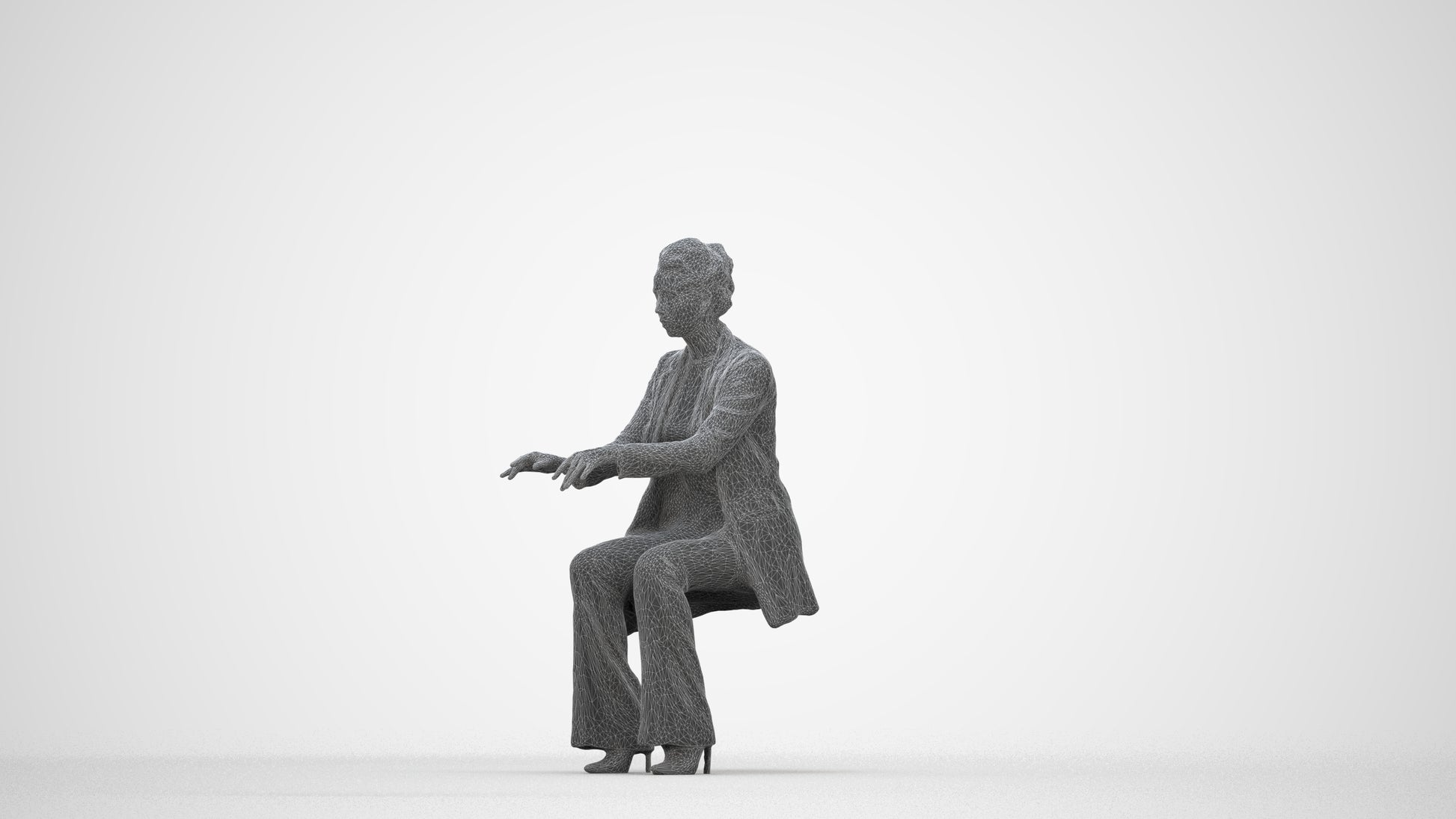 realistic 3D woman business sitting, scanned archviz people for Blender and 3ds Max, wireframe back view