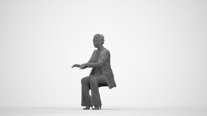 realistic 3D woman business sitting, scanned archviz people for Blender and 3ds Max, wireframe back view