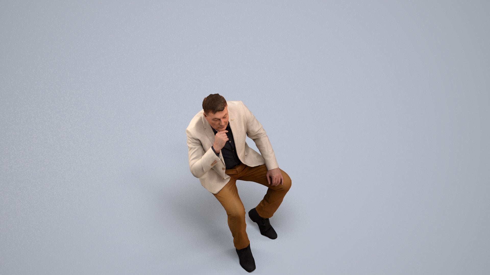 3D human model man business, photogrammetry scanned person for archviz, back view render