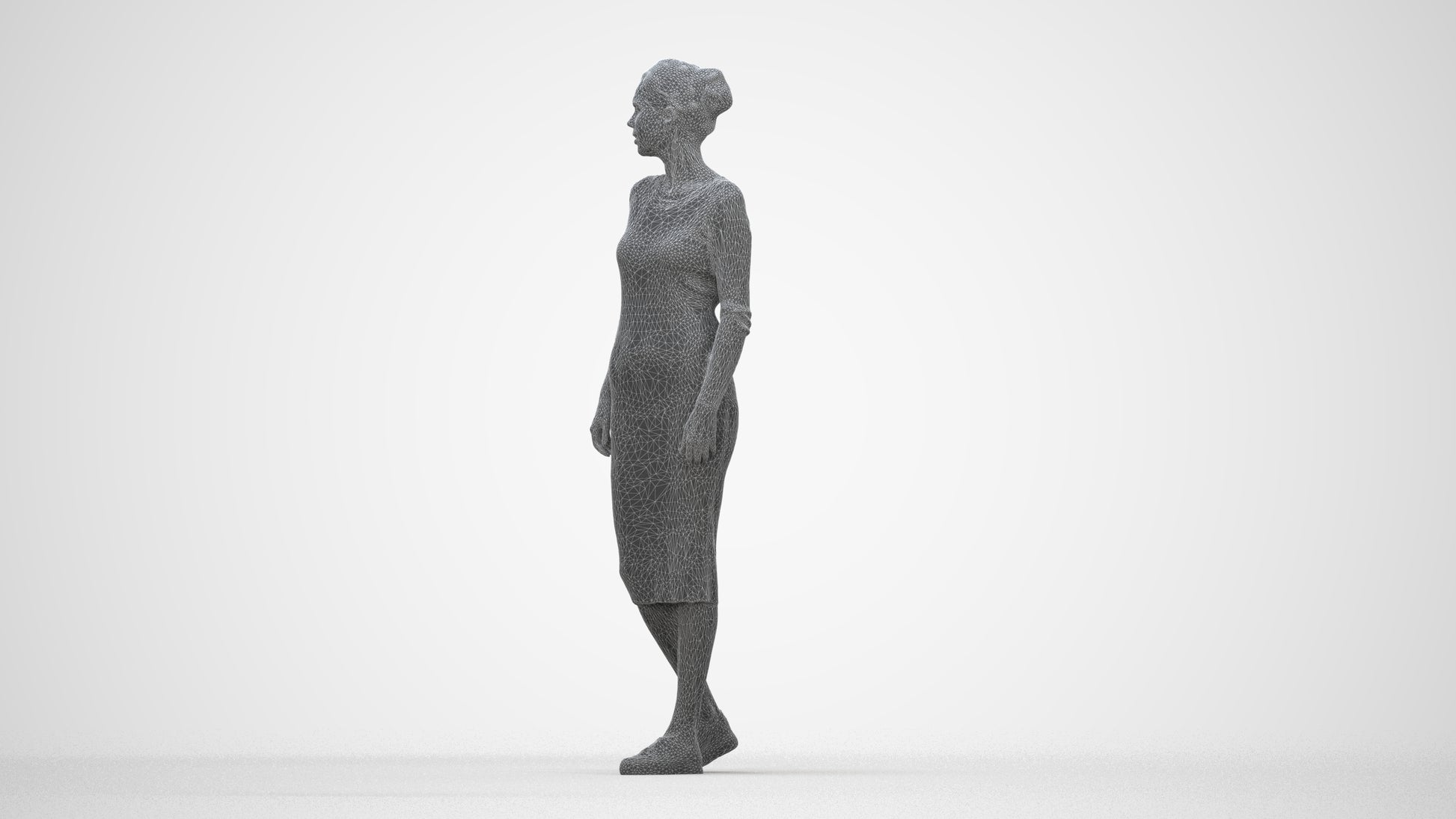 3D scanned woman walking casual, photorealistic archviz people for Enscape and SketchUp, wireframe back view