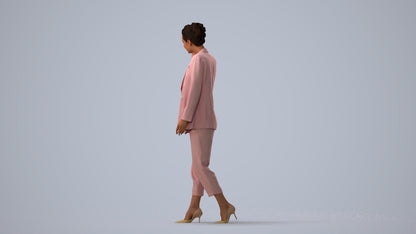 3D human model woman business walking, photogrammetry scanned person for archviz, three-quarter view render
