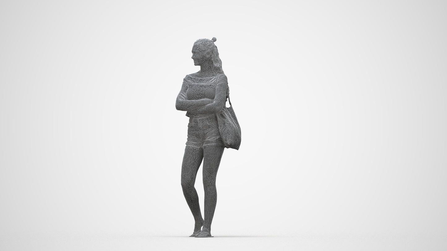 photogrammetry 3D girl casual standing, realistic human model archviz FBX, wireframe back view
