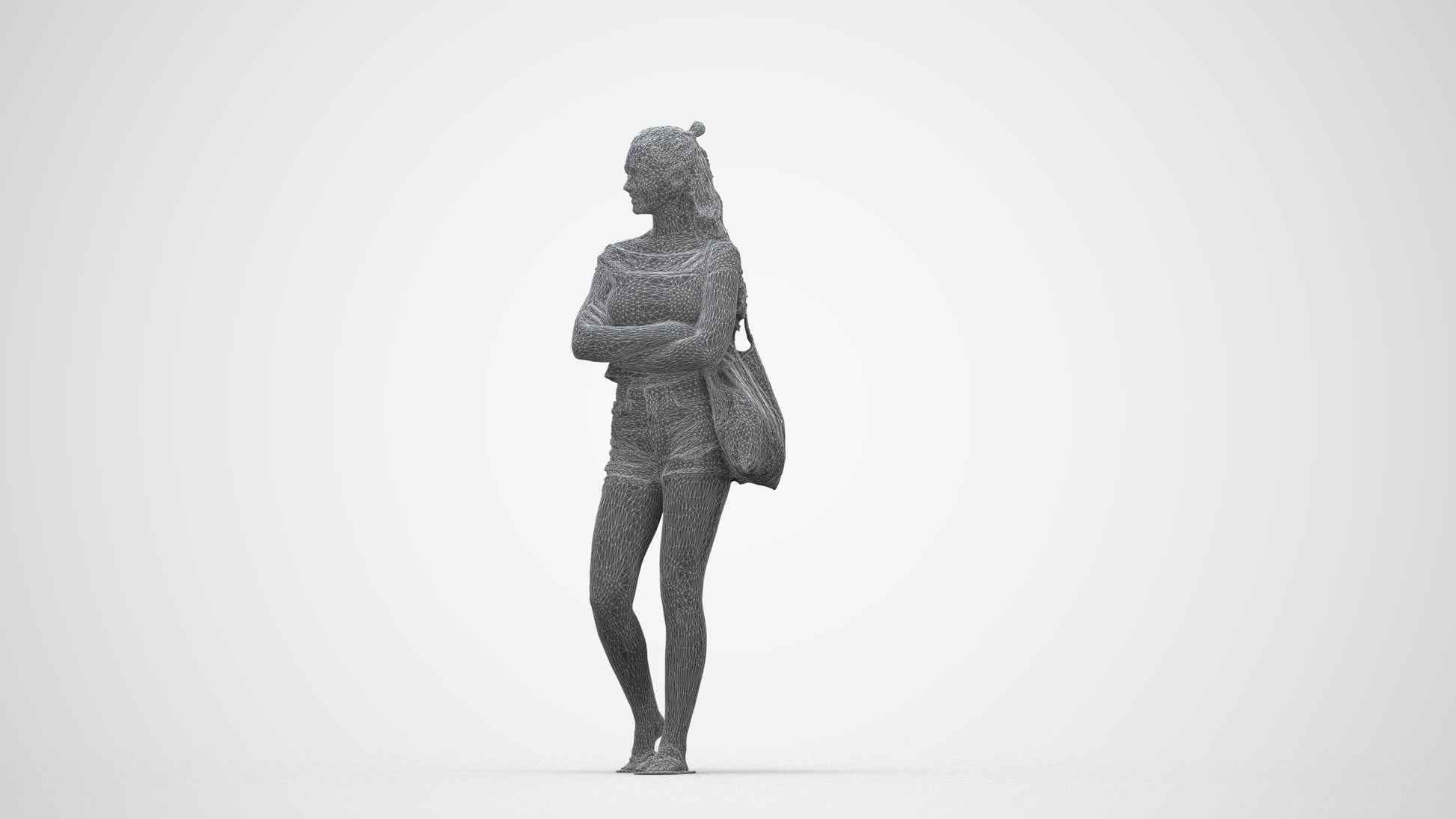 photogrammetry 3D girl casual standing, realistic human model archviz FBX, wireframe back view