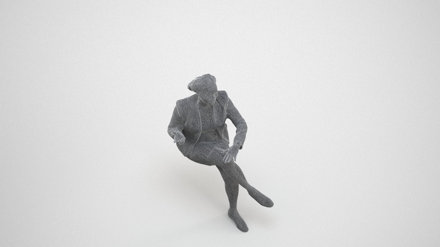 scanned 3D woman business sitting, photogrammetry people for Enscape and V-Ray, wireframe three-quarter view