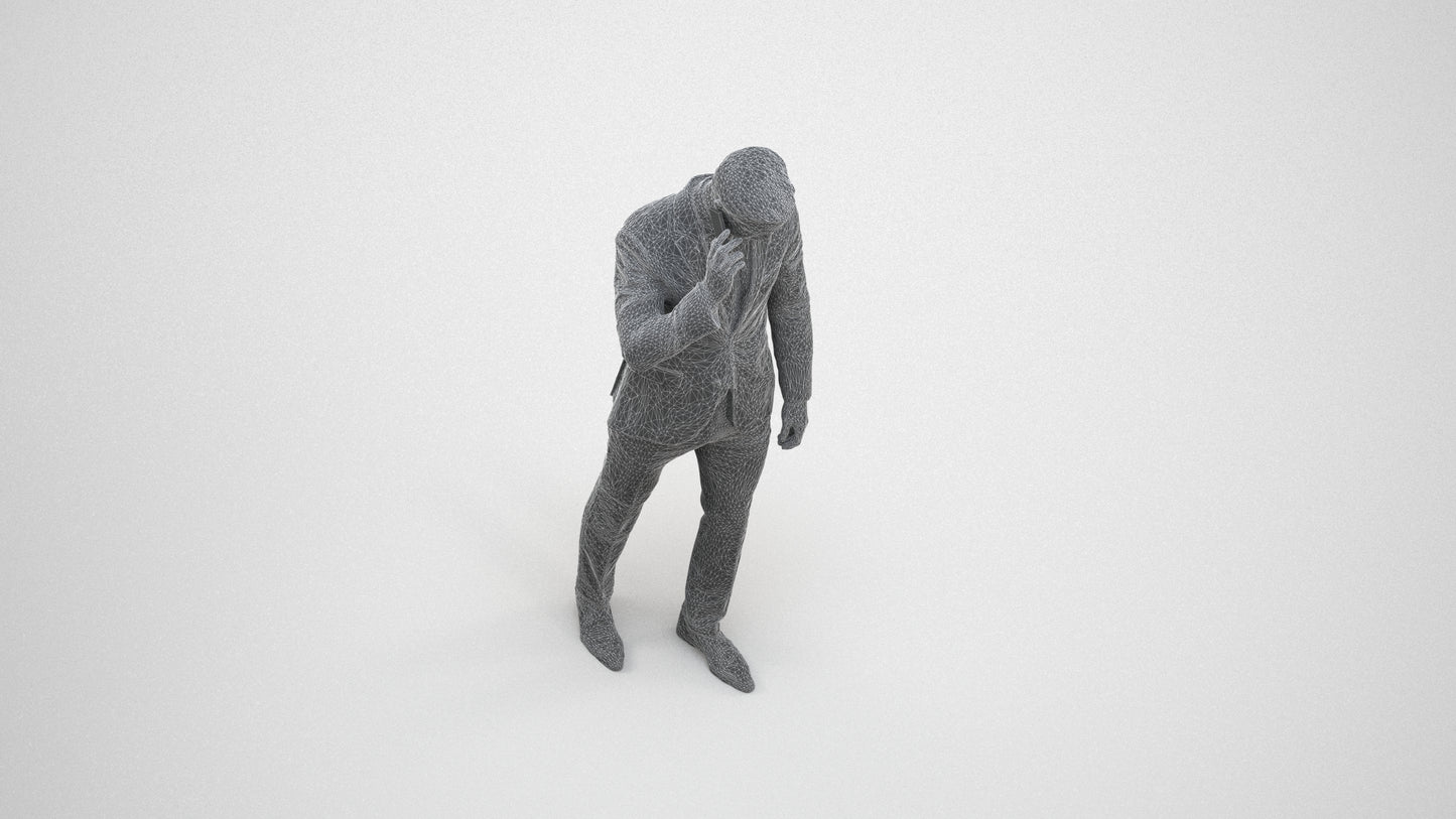 3D human model man business, photogrammetry scanned person for archviz, wireframe three-quarter view