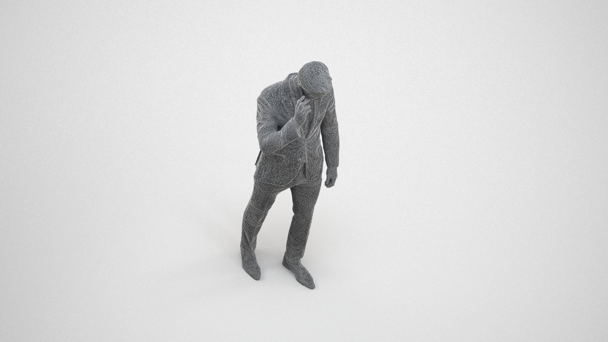3D human model man business, photogrammetry scanned person for archviz, wireframe three-quarter view