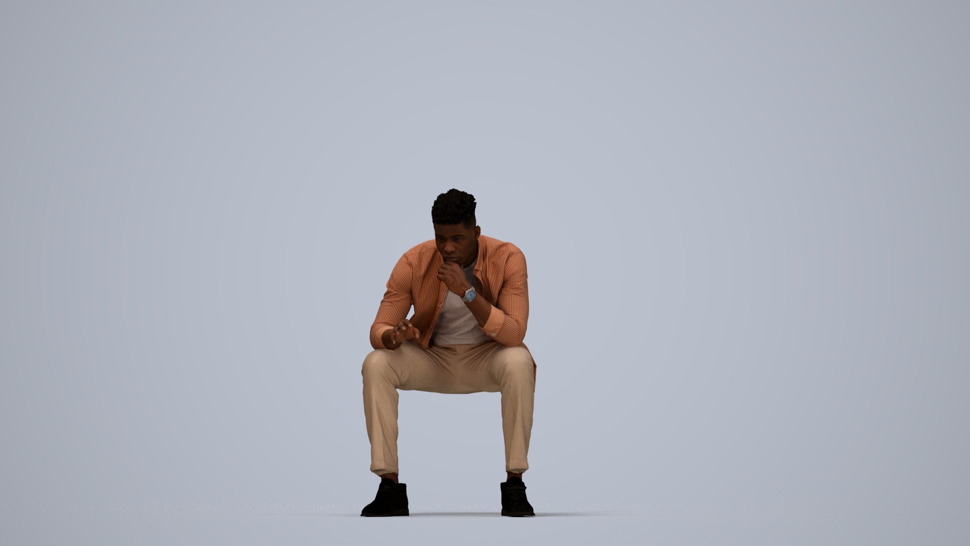 3D human model man casual sitting, photogrammetry scanned person for archviz, top-down view render