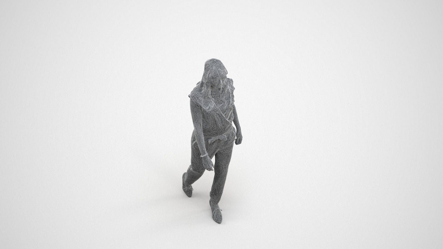 3D scanned woman walking casual, photorealistic archviz people for Enscape and SketchUp, wireframe three-quarter view