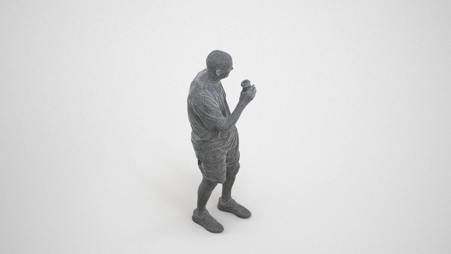 3D human model senior man casual standing, photogrammetry scanned person for archviz, wireframe three-quarter view