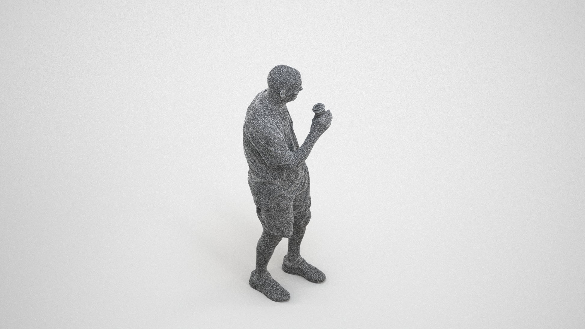 3D human model senior man casual standing, photogrammetry scanned person for archviz, wireframe three-quarter view