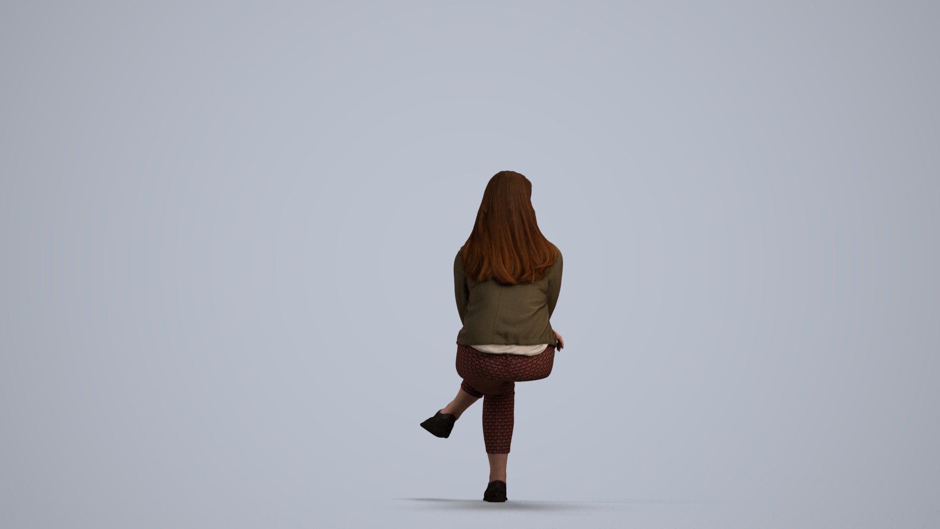 3D human model woman casual sitting, photogrammetry scanned person for archviz, front view render