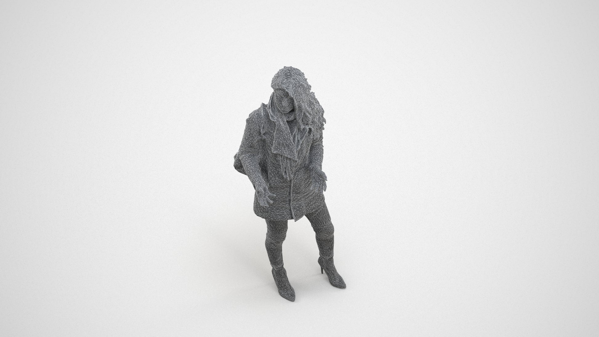 3D scanned woman standing casual, photorealistic archviz people for Enscape and SketchUp, wireframe three-quarter view