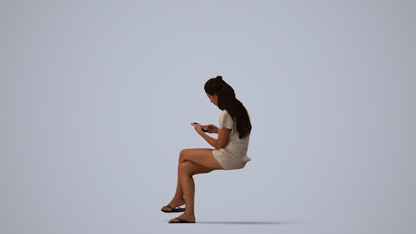 3D human model woman casual sitting, photogrammetry scanned person for archviz, three-quarter view render