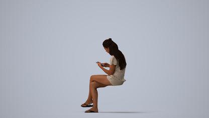3D human model woman casual sitting, photogrammetry scanned person for archviz, three-quarter view render