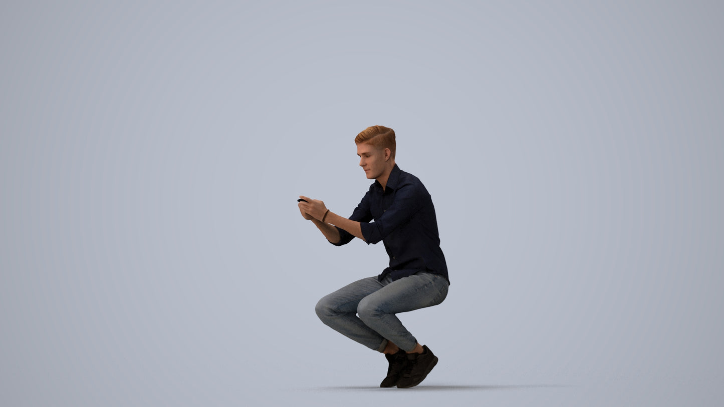 realistic 3D man casual sitting, scanned archviz people for Blender and 3ds Max, three-quarter view render