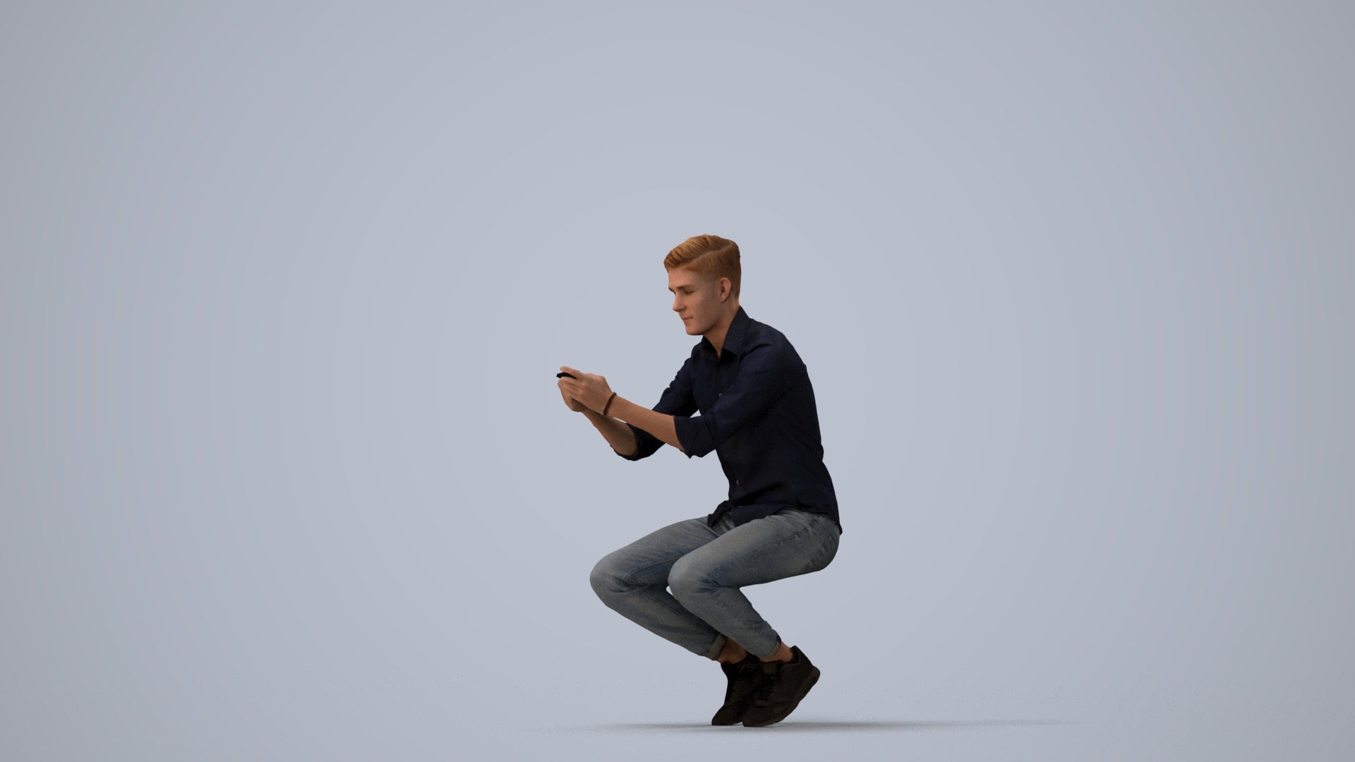 realistic 3D man casual sitting, scanned archviz people for Blender and 3ds Max, three-quarter view render