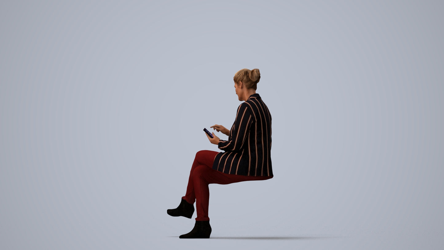 3D human model woman business sitting, photogrammetry scanned person for archviz, three-quarter view render