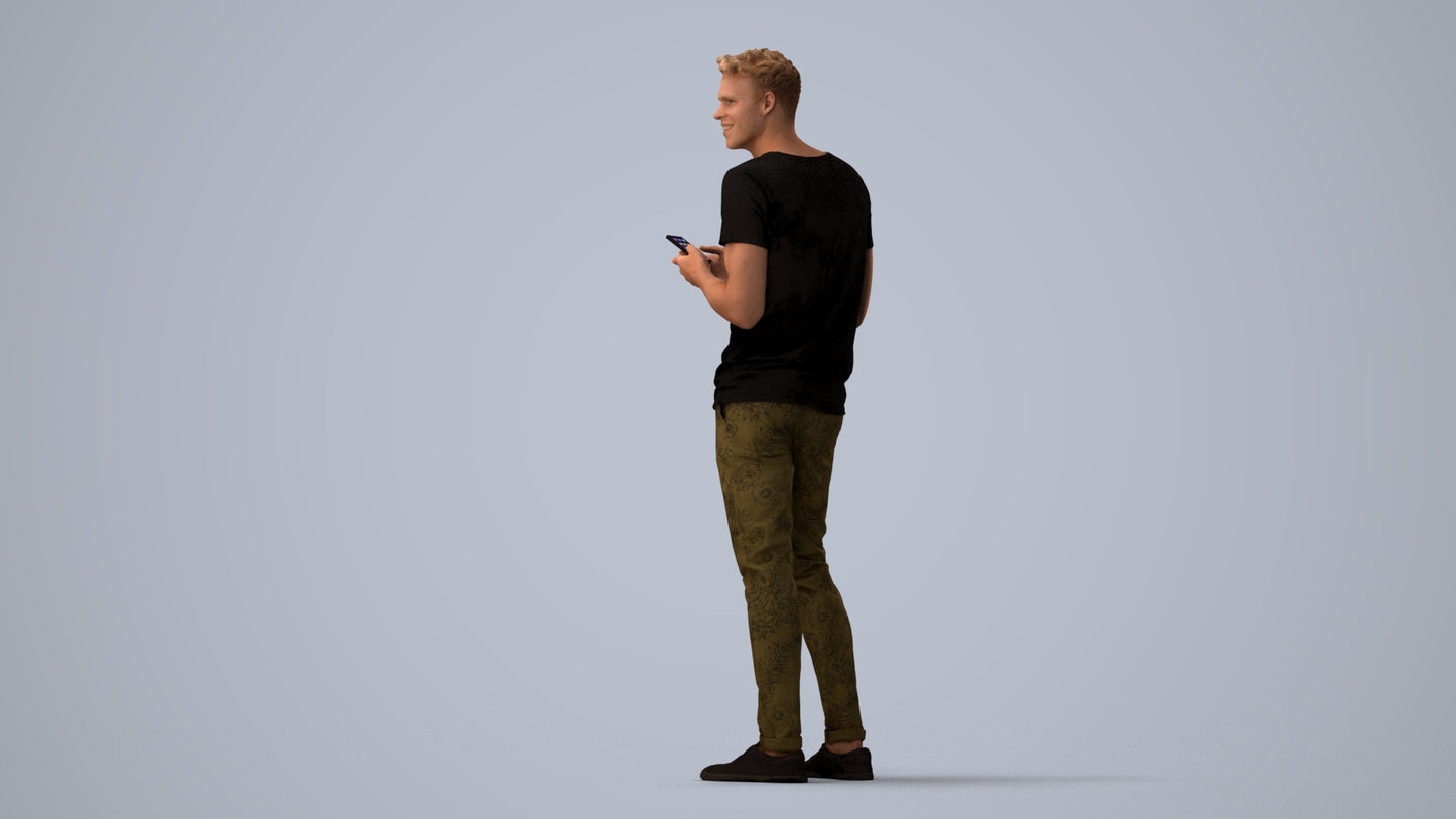 3D human model man casual standing, photogrammetry scanned person for archviz, three-quarter view render