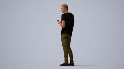 3D human model man casual standing, photogrammetry scanned person for archviz, three-quarter view render