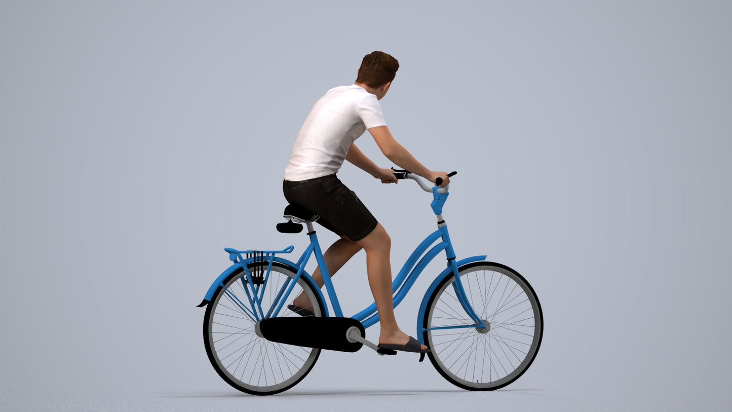 photogrammetry 3D boy casual cycling, realistic human model archviz FBX, side view render