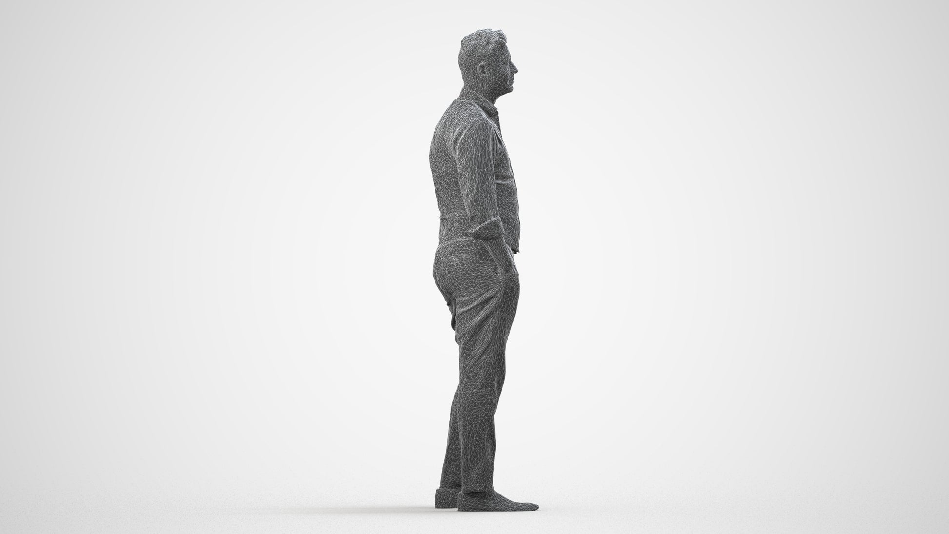 3D scanned man standing business, photorealistic archviz people for Enscape and SketchUp, wireframe side view