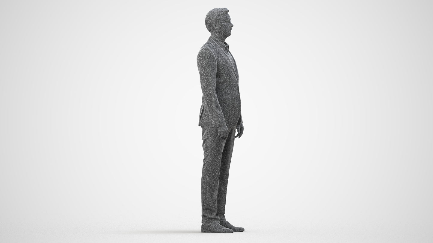 3D people model man business, scanned human for 3ds Max rendering, wireframe side view