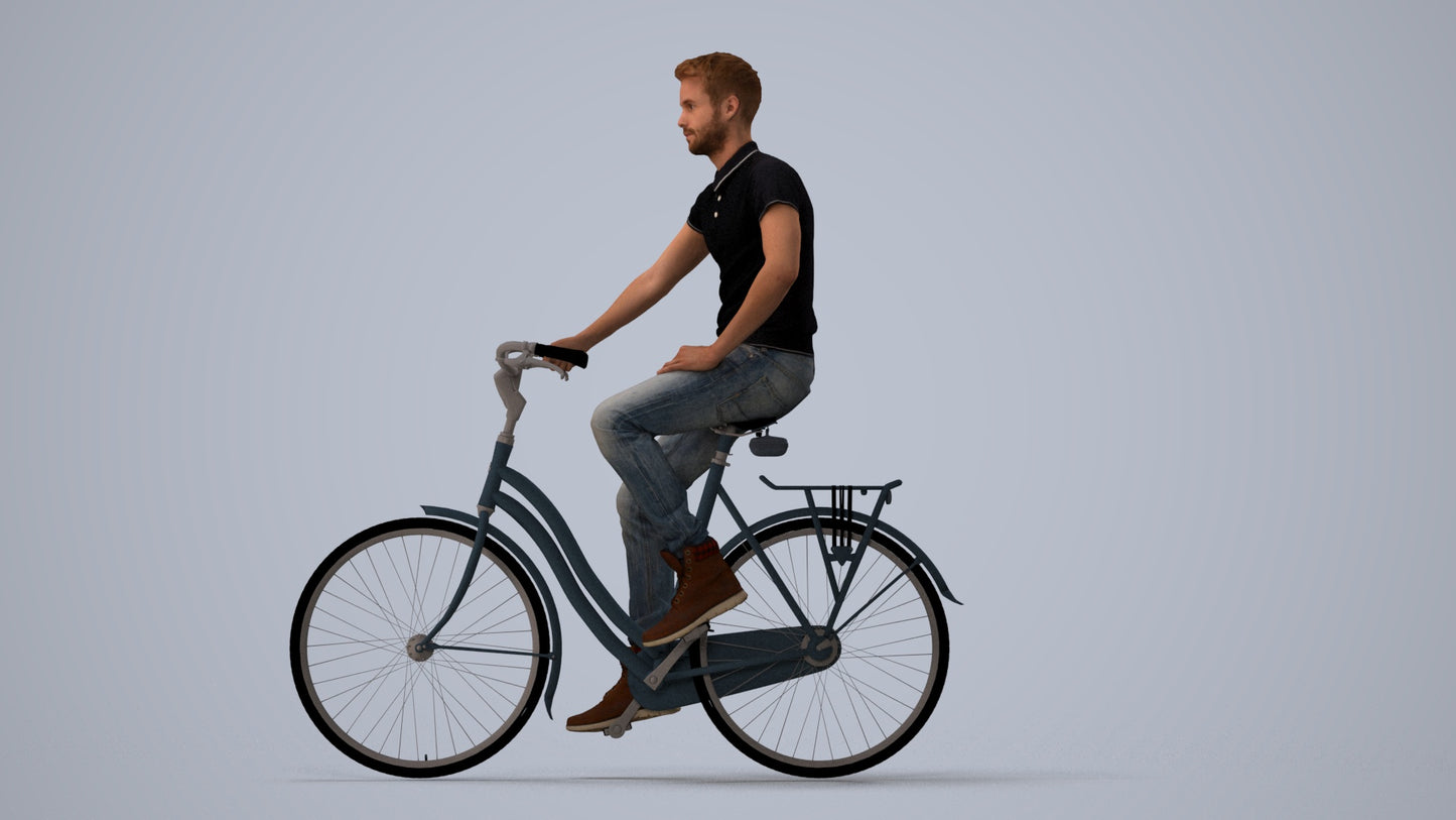 realistic 3D people man casual cycling, render-ready for V-Ray and Corona, FBX OBJ, three-quarter view render