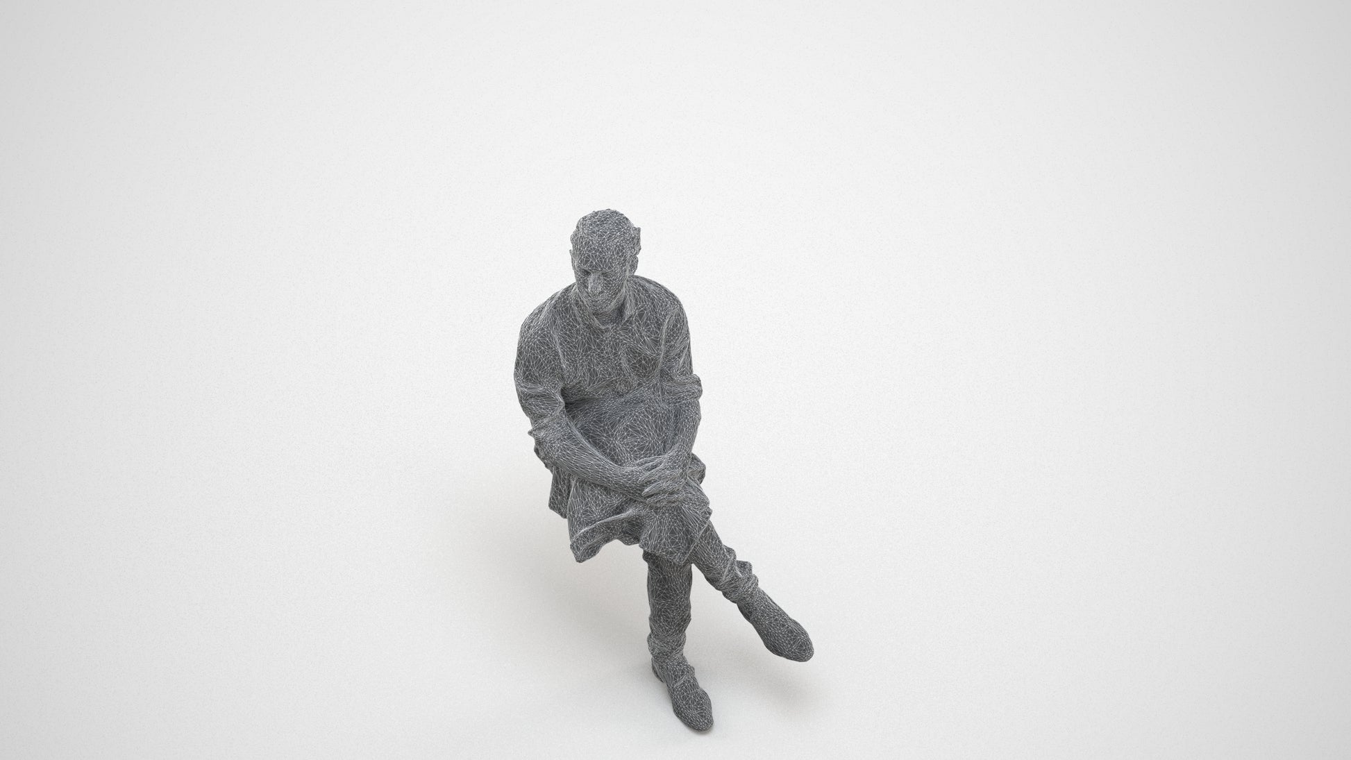 3D scanned man sitting casual, photorealistic archviz people for Enscape and SketchUp, wireframe three-quarter view