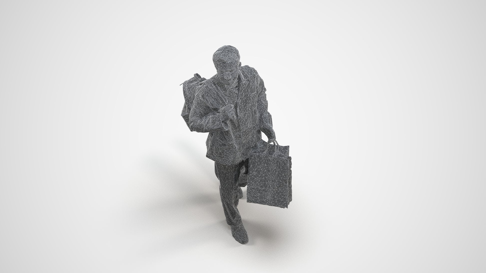 realistic 3D human man casual shopping, archviz people FBX OBJ for Blender, wireframe three-quarter view