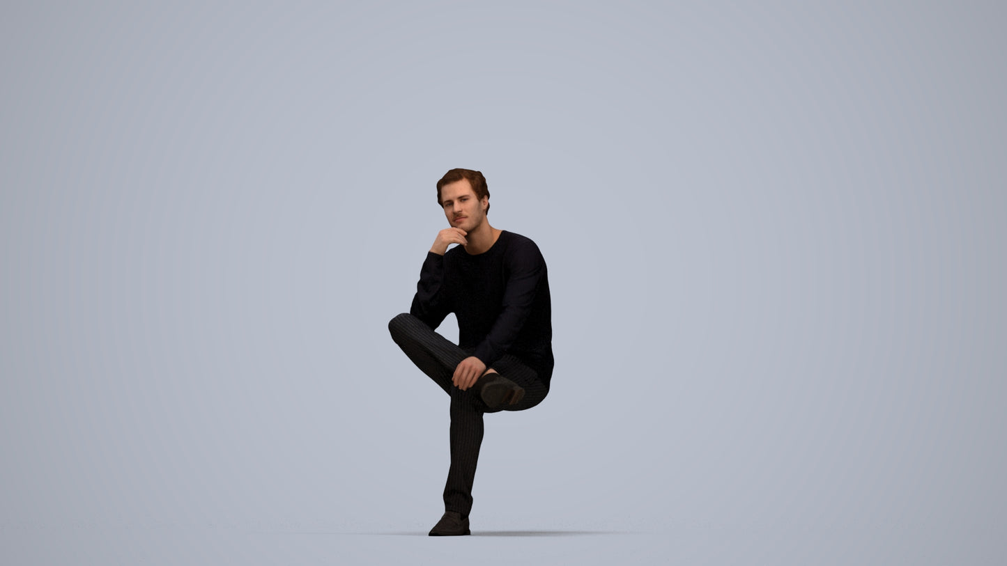 3D people model man casual sitting, scanned human for 3ds Max rendering, top-down view render