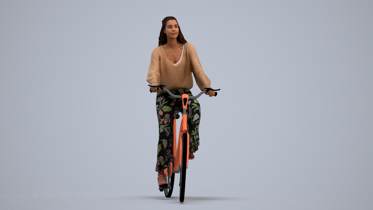 3D human model woman casual cycling, photogrammetry scanned person for archviz, standing pose render