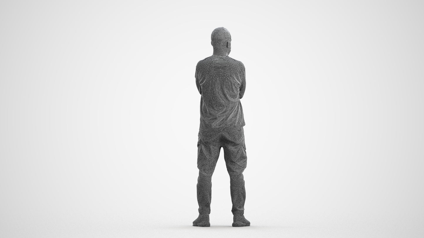 3D human model man casual standing, photogrammetry scanned person for archviz, wireframe front view