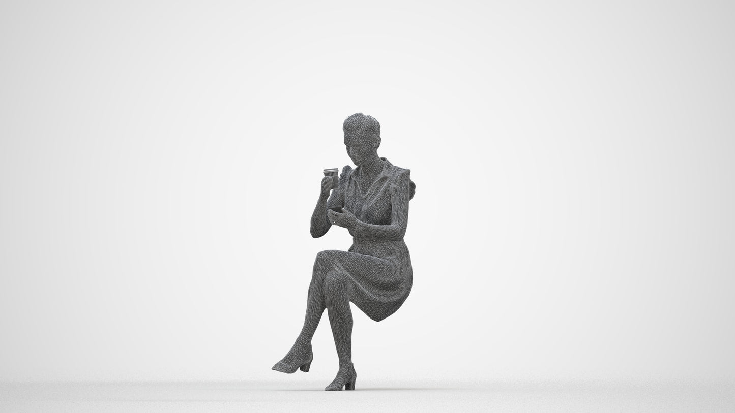 3D scanned woman sitting casual, photorealistic archviz people for Enscape and SketchUp, wireframe back view