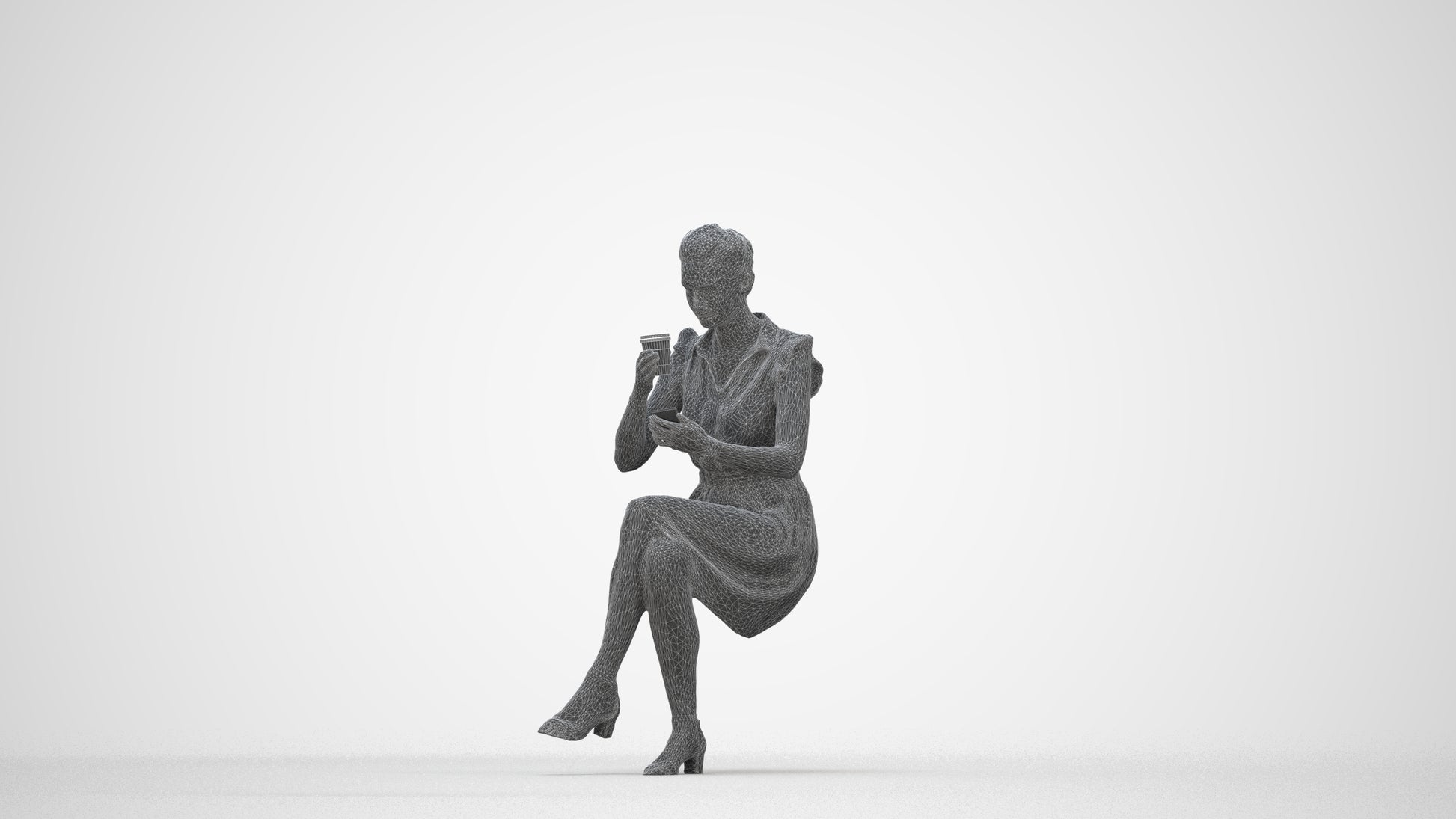 3D scanned woman sitting casual, photorealistic archviz people for Enscape and SketchUp, wireframe back view