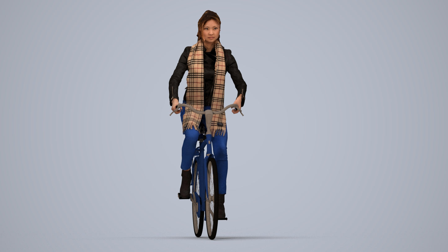 realistic 3D woman casual cycling, scanned archviz people for Blender and 3ds Max, top-down view render